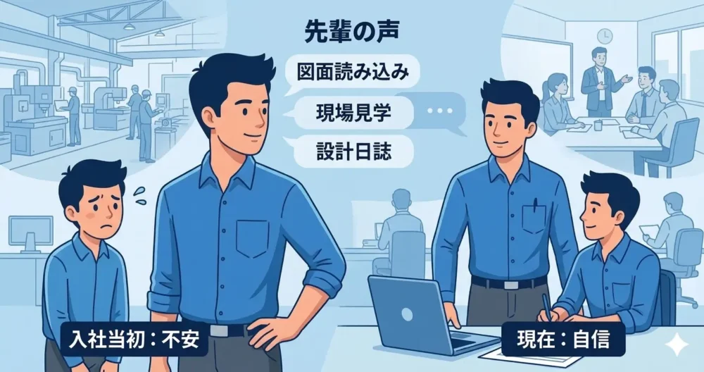 不安を乗り越え、習慣を通じて成長した先輩設計者のストーリーを示す図解。