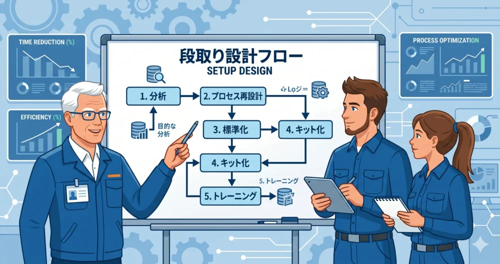 段取りを「作業」ではなく「設計」の仕組みとして捉え直す重要性を、熟練技術者が若手に解説しているイラスト。
