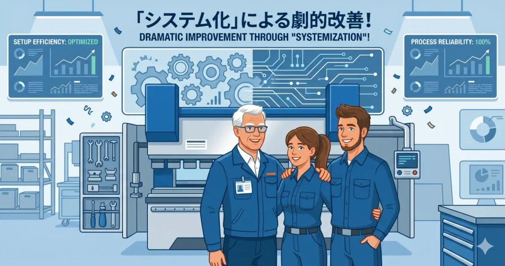 仕組みづくりによって段取り改善に成功し、整然とした現場で笑顔を見せる熟練技術者と若手設計者たちのイラスト。