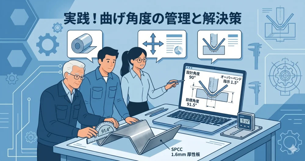 板金曲げ角度のバラつき対策としてCAD図面でオーバーベンド設定を確認し、加工品を測定するエンジニアのイラスト