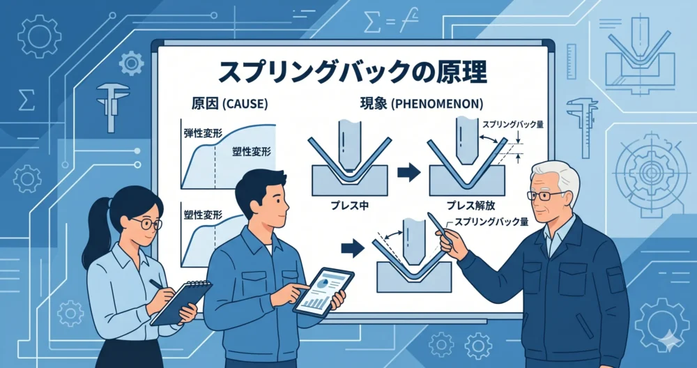 板金曲げ加工におけるスプリングバックの原理をホワイトボードの図解で若手設計者に教えるベテランエンジニアのイラスト
