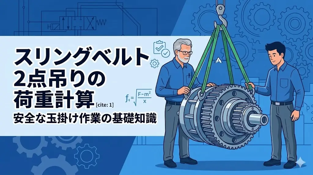 スリングベルト2点吊りの荷重計算と安全な玉掛け作業の基礎知識を解説したアイキャッチ用イラスト