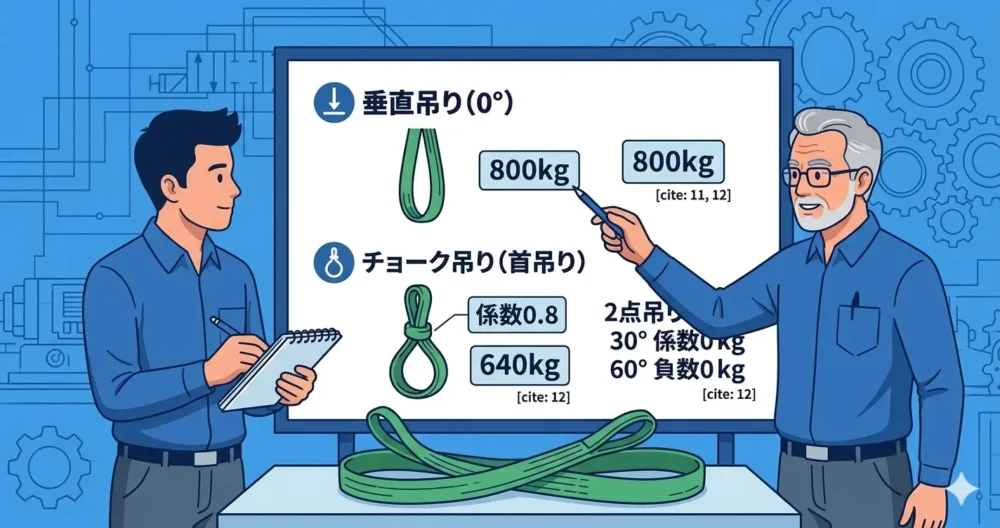 スリングベルトの耐荷重の基本である垂直吊りとおわん吊り（チョーク吊り）の係数の違いをホワイトボードで解説するベテラン機械設計者