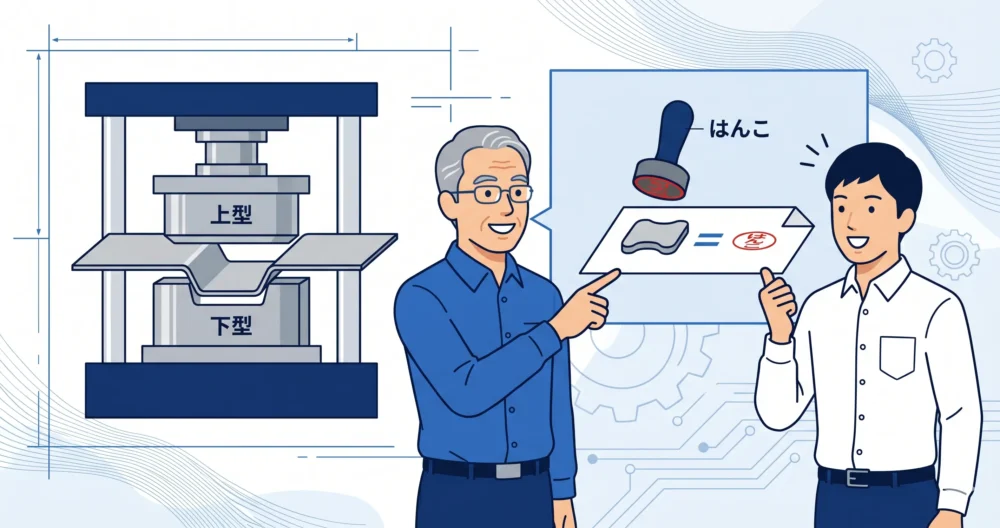 金型の上型と下型の仕組みを「はんこと用紙」の関係に例えて分かりやすく示した図解イラスト