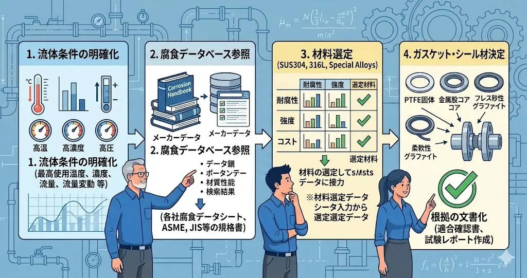 設計者が行うべき、流体条件確認からデータベース参照、材料選定、ガスケット決定までの「正しい材料選定の4ステップ」を図解。