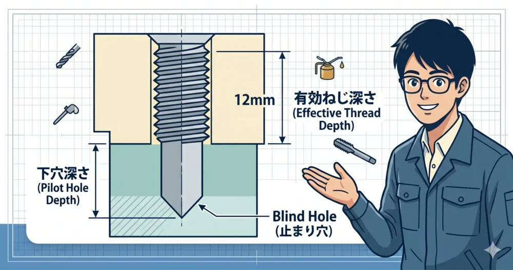 M4からM10までの下穴径、下穴深さ、有効ねじ深さの推奨値をまとめた、社内標準化のための見やすい寸法表（目安表）のイラスト。