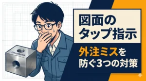 機械図面のタップ指示（M6深12など）で起きがちな外注加工ミスを防ぐ3つの原因と対策を解説したブログ記事のアイキャッチ画像。