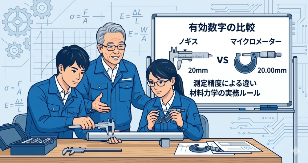 材料力学の有効数字の本質を説明するイラスト。ノギスとマイクロメーターによる測定精度の違い（20mmと20.00mm）を若手エンジニアに解説するベテラン設計者。
