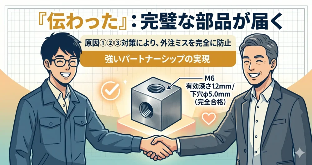 丁寧な図面指示によって、設計者の意図通りの正しいタップ加工が施された完璧な部品が届き、外注先と笑顔で握手・連携できている状態を表したまとめのイラスト。