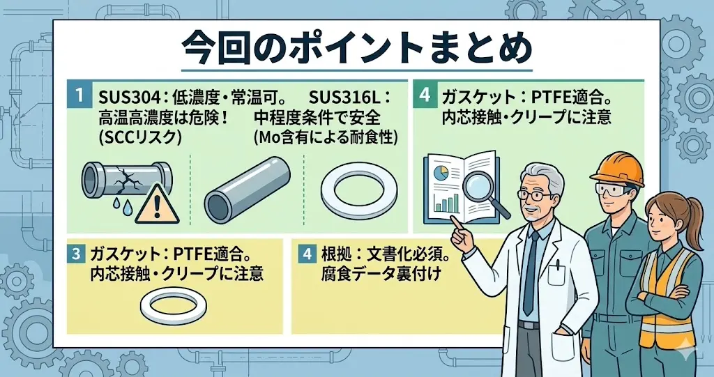 SUS304配管と苛性ソーダのリスクと正しい選定法の要点（高温高濃度は危険、SUS316L検討、ガスケット適合、根拠の文書化）をまとめた画像。