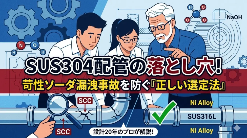 SUS304配管から苛性ソーダ（NaOH）が漏洩する事故の危険と、それを防ぐ正しい材料選定法を解説するブログアイキャッチ画像。設計20年のプロが解説。