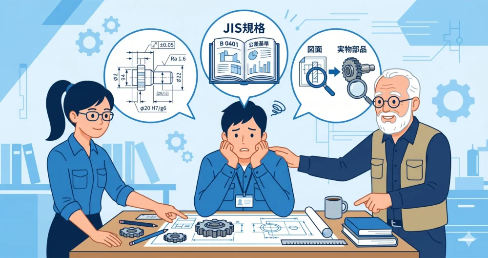 機械製図の公差で初心者がつまずく3つの原因（寸法の混同、JIS規格、実物経験不足）に悩む設計者