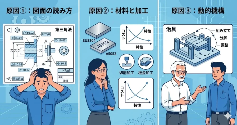 電気系エンジニアが機械設計でつまずく3つの原因（図面の読み方、材料と加工、動的機構）を表現した3分割のイラスト。
