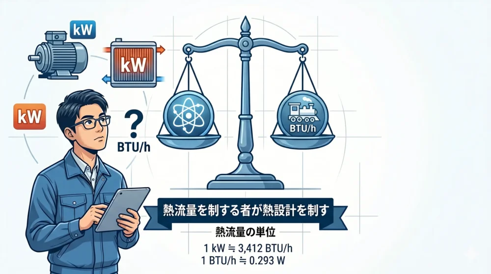 モーターの電力（kW）と熱交換器の熱流量（kW）の違いや、慣れないBTU単位の全体像が見えずに困惑する若手機械設計エンジニアのイラスト。