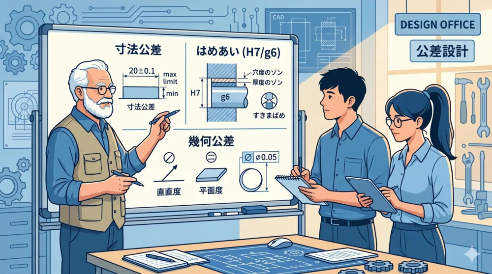 寸法公差、はめあい、幾何公差の表記を読み解くための3ステップをホワイトボードで解説するベテラン設計者