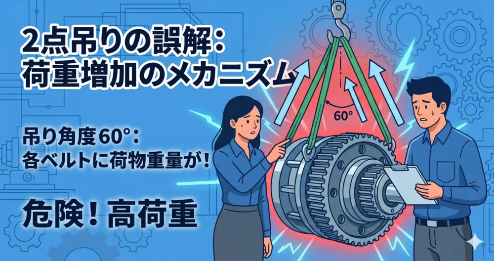 2点吊りで吊り角度が大きくなるとスリングベルトにかかる荷重が増加する危険性を解説するイラスト