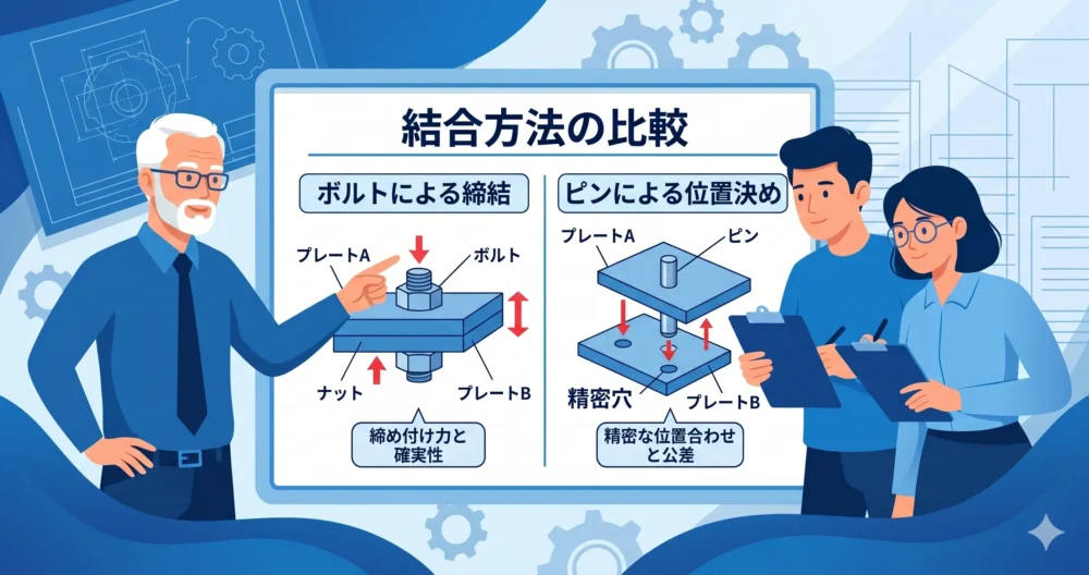 機械設計におけるボルトの締結とピンの位置決めの役割の違いを図解で学ぶエンジニアたち