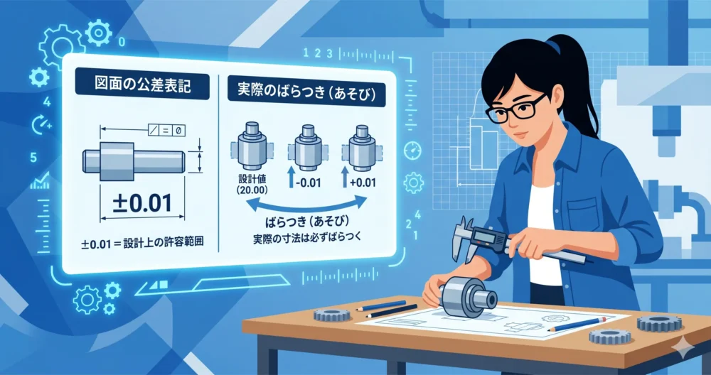 機械設計における公差を「あそび」や「ばらつき」として感覚的に理解するための図解と部品を測定する女性設計者