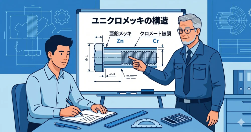 ユニクロボルトの断面構造と正式名称を解説するベテラン設計者のイラスト。