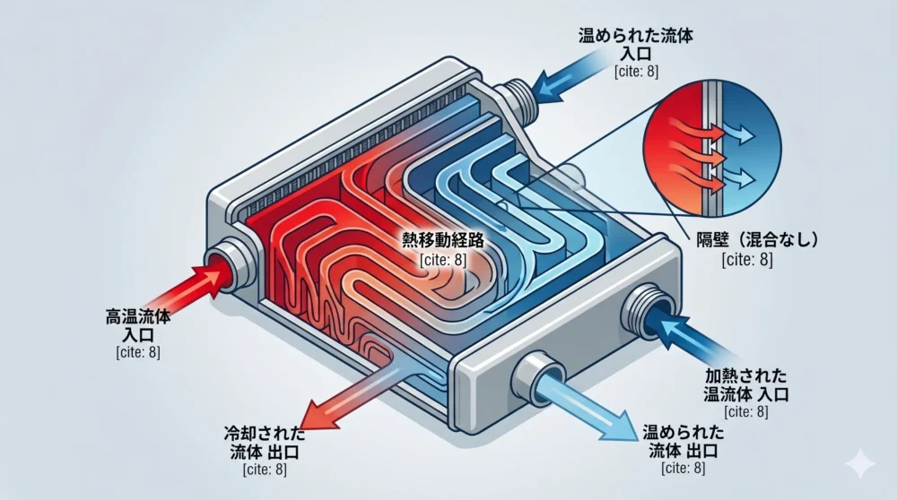 熱交換器の仕組みを視覚的に説明するイラスト。高温の流体（赤）と低温の流体（青）が交差し、混ざり合うことなく熱だけを移動させているイメージ図。