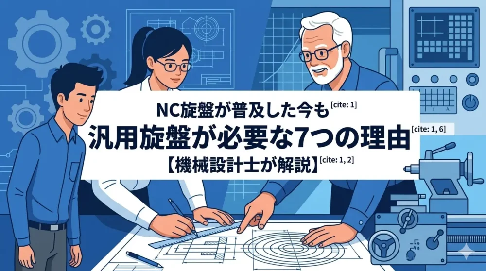 「NC旋盤が普及した今も汎用旋盤が必要な7つの理由」の文字タイトルと、図面を囲んで議論する若手・ベテランエンジニアのイラスト