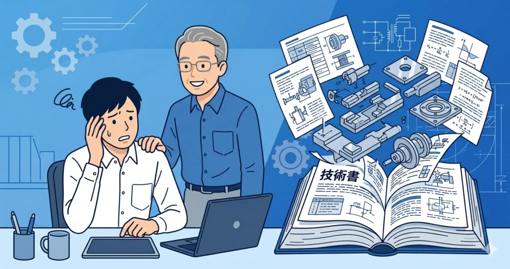 技術書を前に難解な専門用語に困惑する文系未経験の若い男性社員と、それを優しくサポートするベテランエンジニアのイラスト