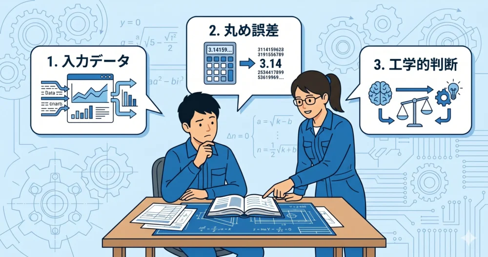 材料力学の教科書や実務で有効数字がバラバラに見える3つの原因（入力精度、丸め誤差、工学的判断）について、デスクで悩む若手設計者のイラスト。