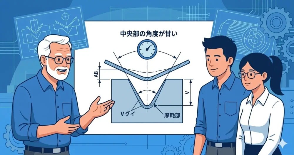 古いベンダー金型の中央付近で曲げ精度が甘くなるメカニズム（V溝の摩耗）を図解で確認するベテラン設計者と若手エンジニアたち