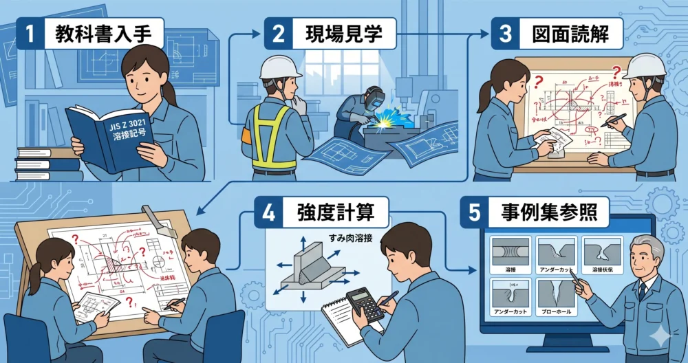 教科書、現場見学、図面読解、強度計算、欠陥事例集の5つのアクションを実行し、溶接設計スキルを磨く設計者たちのイラスト。