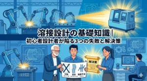 「溶接設計の基礎知識｜初心者設計者が陥る3つの失敗と解決策」というタイトルが中央にあり、悩む初心者設計者にベテランと女性設計者が解決策を示す、溶接設計のトラブルと解決をテーマにしたイラスト。