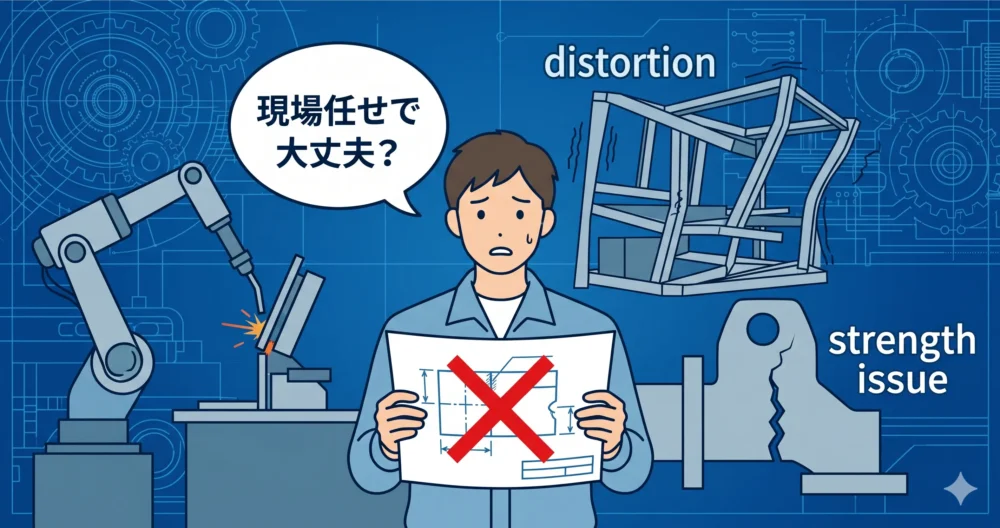 溶接指示のない図面を現場に渡そうとする初心者設計者と、それによって生じる施工不可や変形などの問題を可視化したイラスト。
