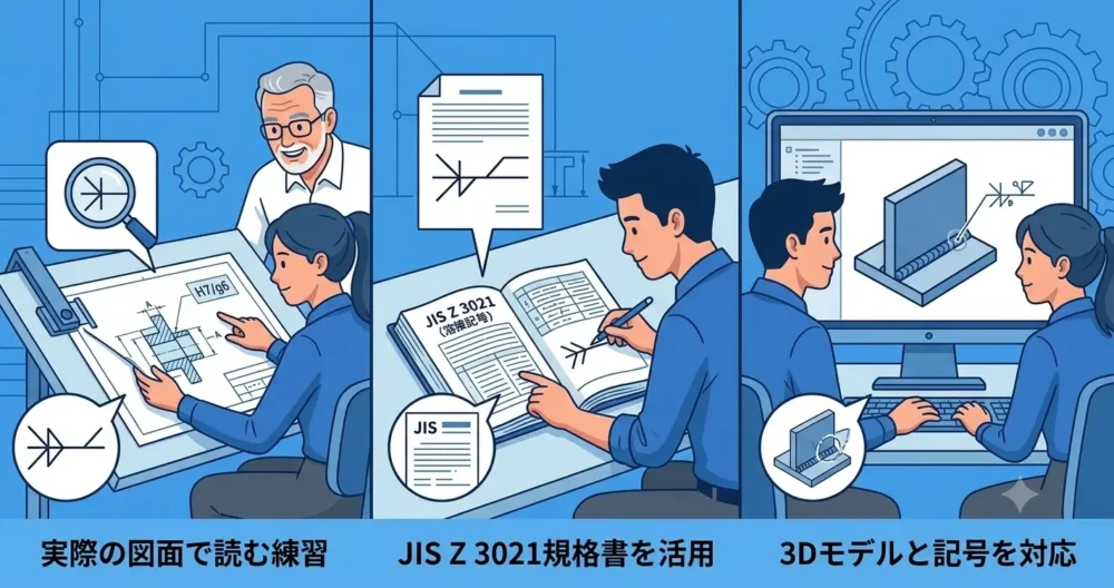 実際の図面で読む練習、JIS Z 3021規格書の活用、3Dモデルと記号の対応という、今日から実践できる3つの具体的な学習法を描いたイラスト。