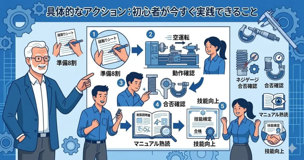 旋盤ネジ切り初心者が実践できる、加工前の段取り、空運転での確認、加工後のネジゲージ検査を示す、具体的なアクションの図解イラスト。