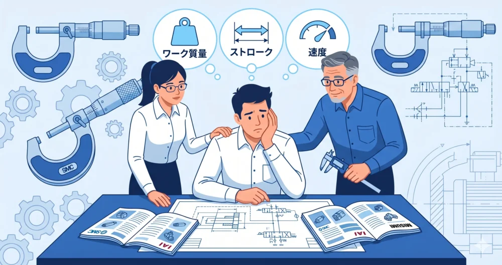 設計図面やカタログを前に、エアシリンダの仕様選定（質量、ストローク、速度など）で悩む若手設計者と、それをサポートする先輩たちのイラスト