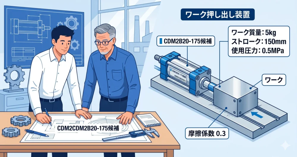 5kgのワークを水平に押し出す装置の設計条件（0.5MPa、ストローク150mmなど）をもとに、シリンダの選定実例を解説している図解イラスト