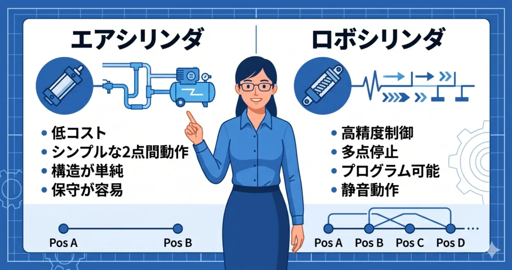 安価で単純な2点間動作の「エアシリンダ」と、多点停止や精密制御が可能な「ロボシリンダ（電動）」の特徴を比較解説している図解イラスト