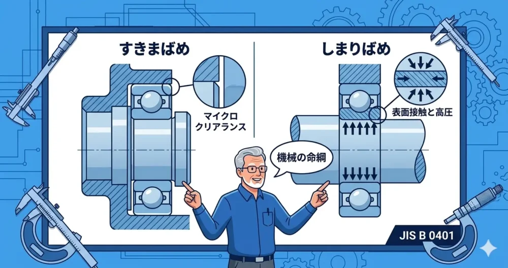 ベアリングと軸の嵌め合いにおける隙間と締め代の概念図。公差設計の基本 。