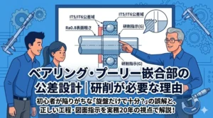 ブログ記事「ベアリング・プーリー嵌合部の公差設計｜研削が必要な理由」のアイキャッチ画像。初心者が陥る誤解と実務20年の視点を解説。