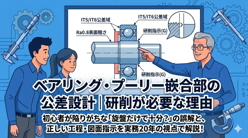 ブログ記事「ベアリング・プーリー嵌合部の公差設計｜研削が必要な理由」のアイキャッチ画像。初心者が陥る誤解と実務20年の視点を解説。