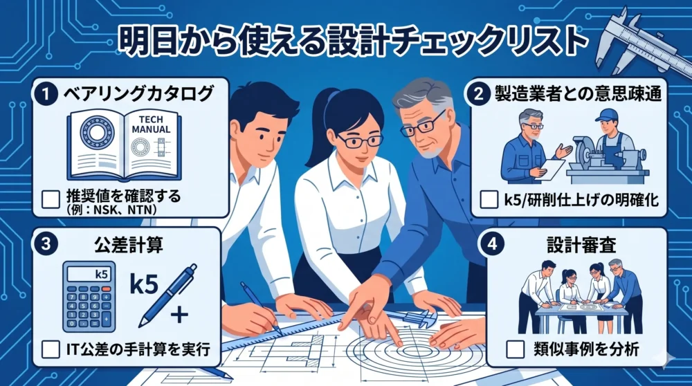 設計者が実践すべき4つのチェックリスト項目。メーカー資料、加工業者連携、公差計算、類似事例 。