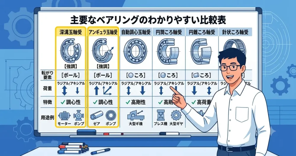 主要なベアリング（深溝玉軸受、アンギュラ玉軸受、自動調心玉軸受、ころ軸受）の構造と特徴（荷重方向、用途）を比較した、わかりやすい図解イラスト。