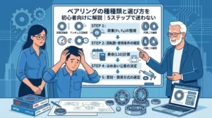 ベアリングの種類と選び方を初心者向けに解説したブログ記事のアイキャッチ画像。困惑する若手設計者と、わかりやすい図解を示すベテラン設計者のイラスト。タイトルは「ベアリングの種類と選び方を初心者向けに解説｜5ステップで迷わない」