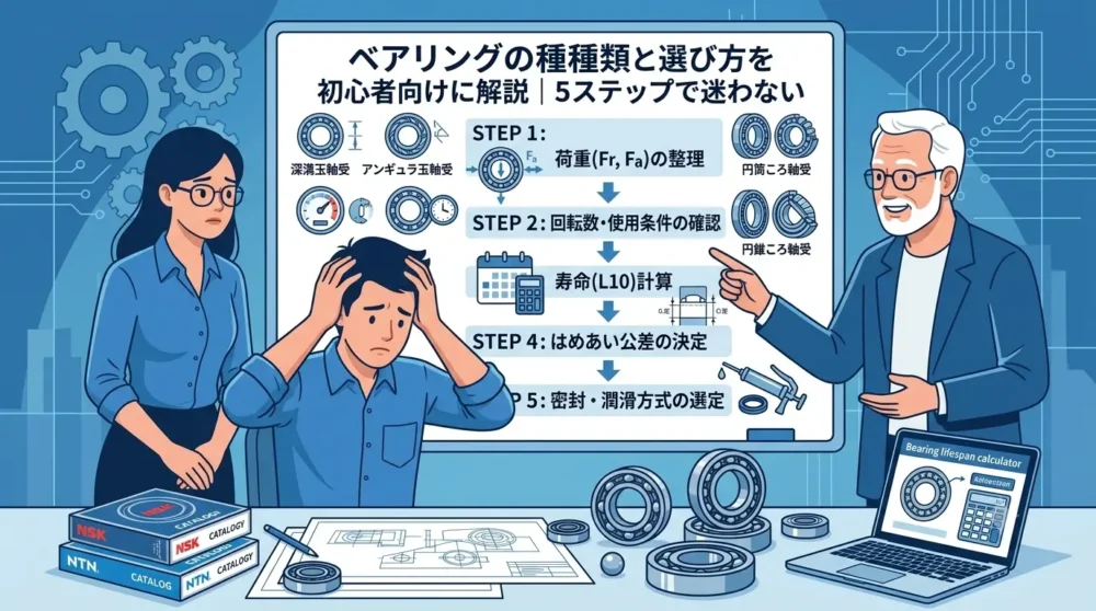 ベアリングの種類と選び方を初心者向けに解説したブログ記事のアイキャッチ画像。困惑する若手設計者と、わかりやすい図解を示すベテラン設計者のイラスト。タイトルは「ベアリングの種類と選び方を初心者向けに解説｜5ステップで迷わない」
