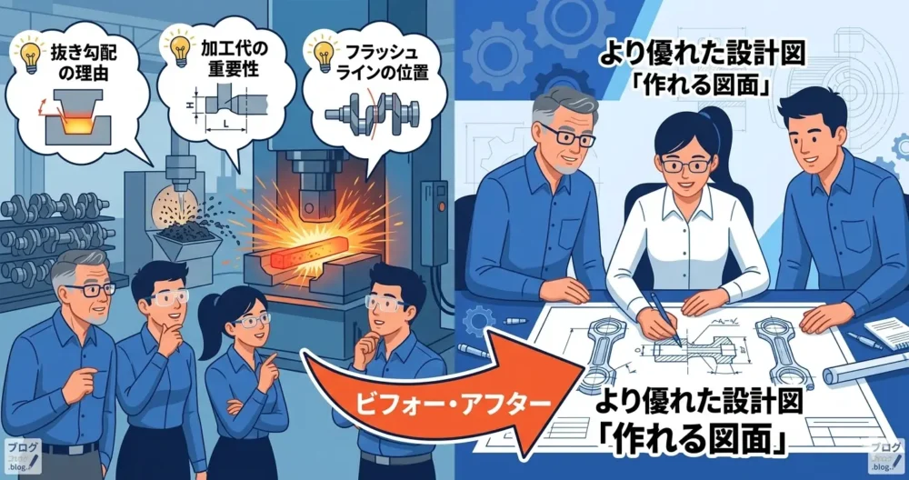 設計者が鍛造工場を見学することで得られる気づきと、その後の設計への活かし方を表すイラスト。