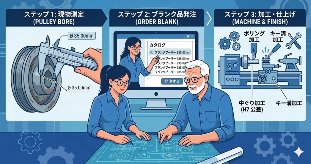 現物測定からブランクプーリーの発注、旋盤加工業者への依頼までの正しい交換手順を3ステップで示したフローチャート風のイラスト。