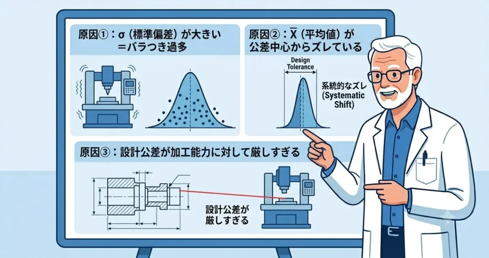 工程能力が低くなる3つの原因を解説する図解。「バラつき過多（σ大）」「平均値のズレ（X̄のズレ）」「設計公差が厳しすぎる」それぞれのパネル。