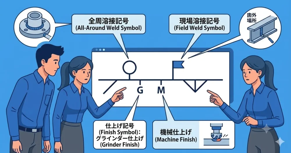 溶接記号の学習において初心者が混乱しやすい、基準線と矢の関係(矢側・他側) 、多岐にわたる溶接の種類(すみ肉・開先など) 、補助記号(全周溶接・現場溶接) の3つの原因を描いたイラスト。