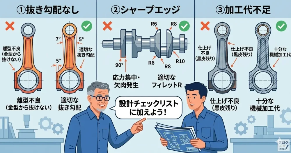 鍛造設計で初心者が陥りがちな3つのミス（抜き勾配なし、シャープエッジ、加工代不足）とその対策を示す図解。