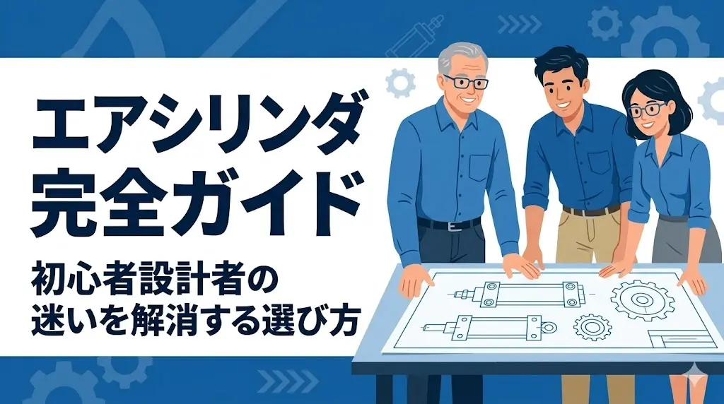 「エアシリンダ選定完全ガイド 初心者設計者の迷いを解消する選び方」というタイトルが入った、ベテランと若手設計者が図面を囲むブログ用アイキャッチ画像