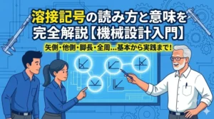 「溶接記号の読み方と意味を完全解説【機械設計入門】」と書かれた、設計図面の溶接記号を自信を持って読み解く3人のエンジニア（若手2人と熟練1人）が描かれた、初心者向け解説記事のアイキャッチイラスト。